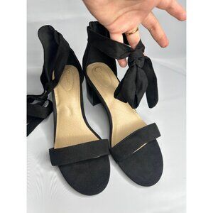 Black Suede Open Toe Block Heel Sandals With Ankle Strap Tie-Up Size 10